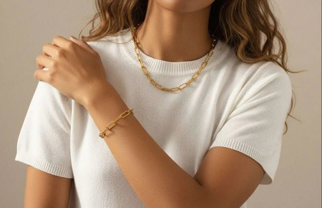 Ensemble colier paperclip et bracelet en acier plaqué or 18 carats PVD