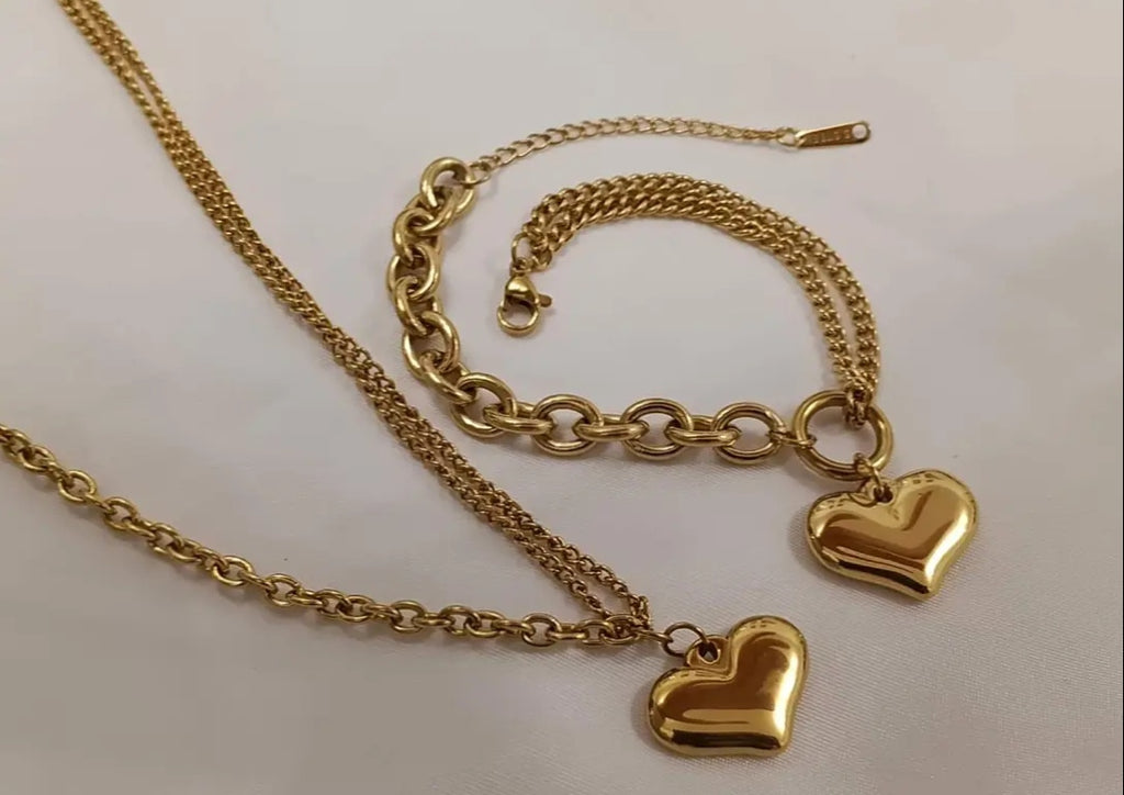 Ensemble chaîne double cœur bracelet bracelet acier en or 18 carats PVD