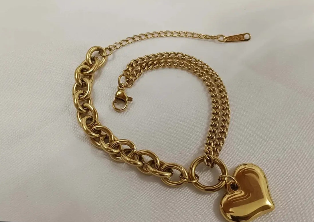Ensemble chaîne double cœur bracelet bracelet acier en or 18 carats PVD