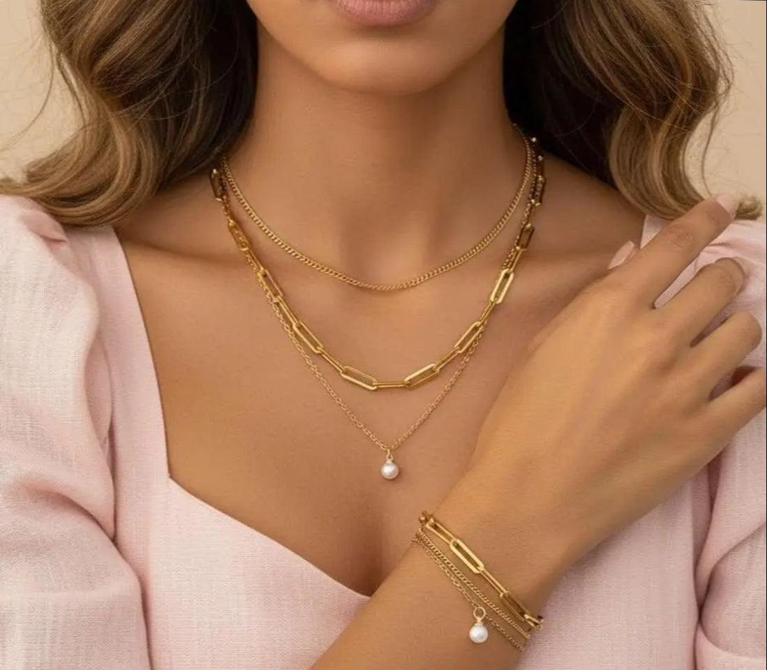 Ensemble de collier avec perle et bracelet en acier doré 18k PVD