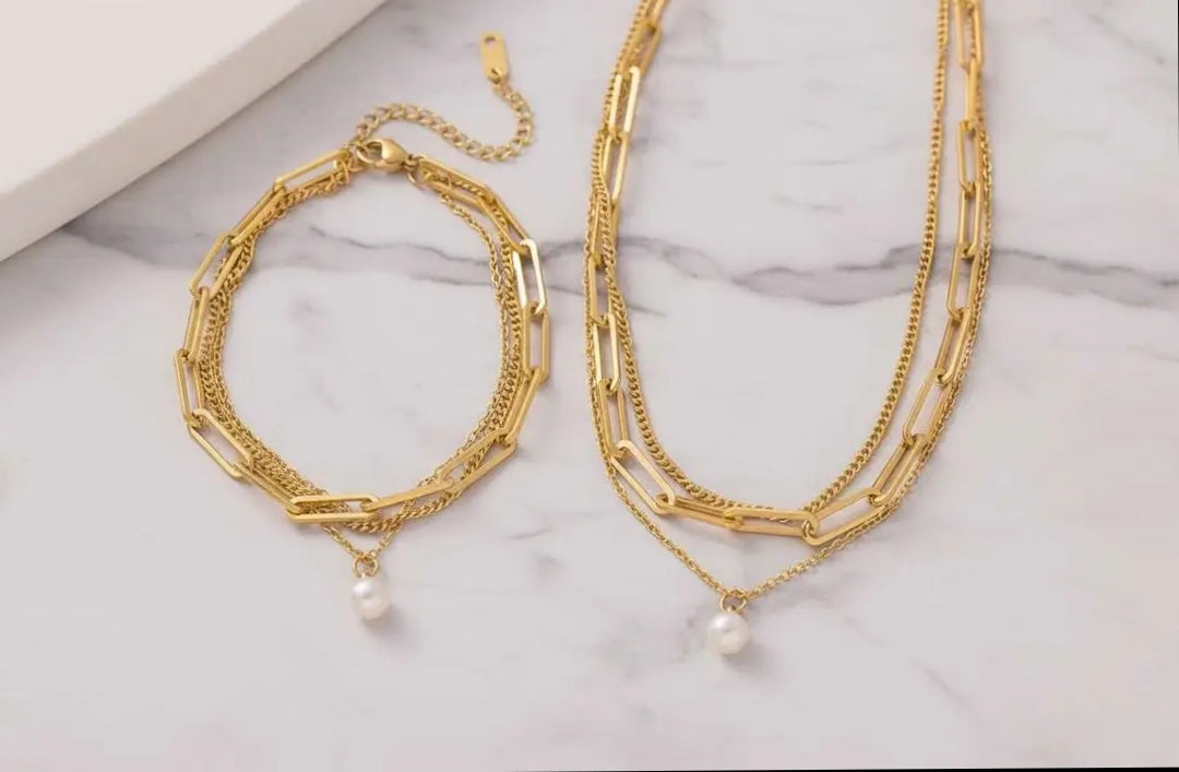Ensemble de collier avec perle et bracelet en acier doré 18k PVD
