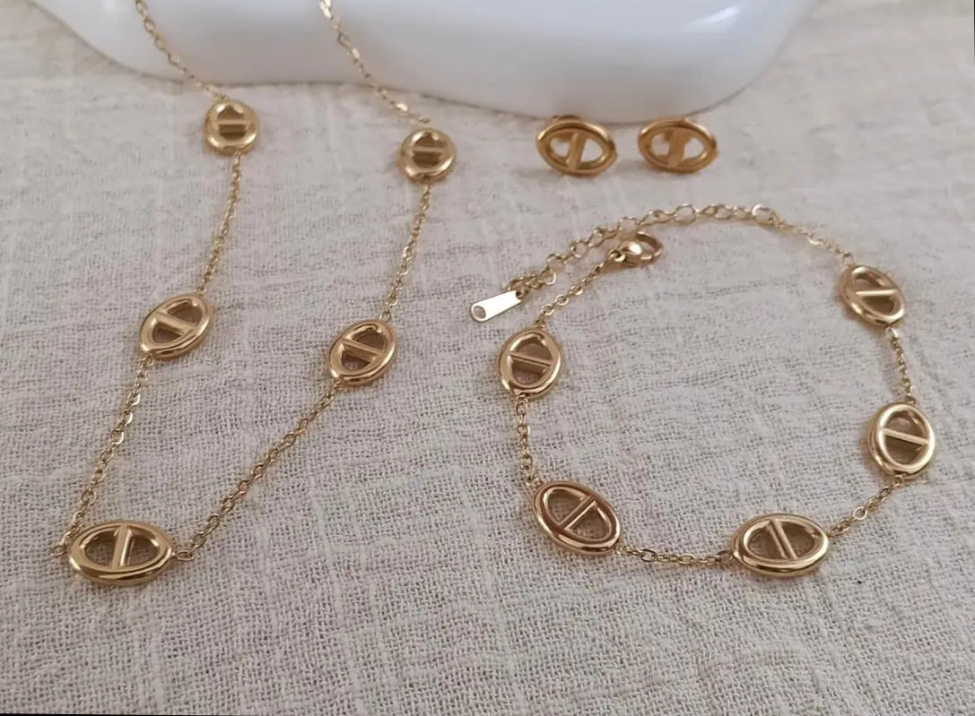 Ensemble de collier en acier style marin, boucle d'oreille et bracelet