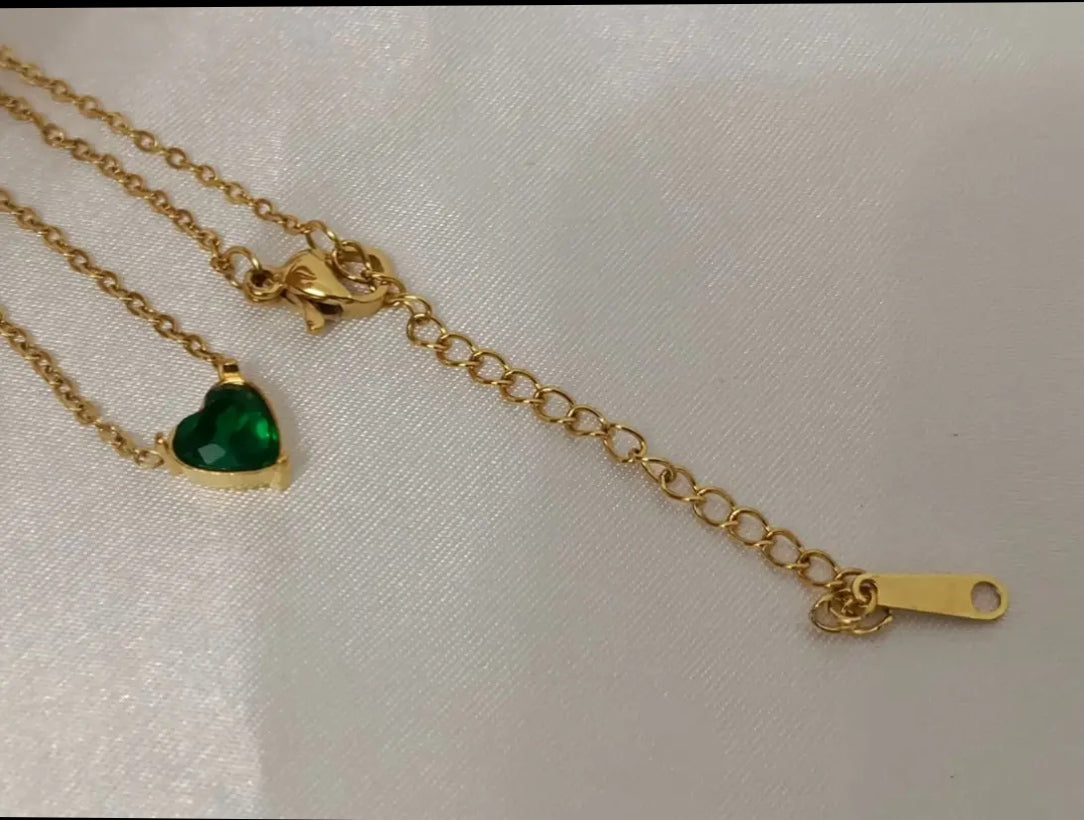 Collier Cœur Pierre de Naissance Verte - Acier Doré PVD