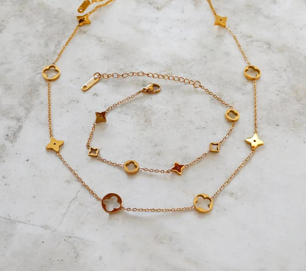 Ensemble Trèfle Doré - Collier+ Bracelet Acier Plaqué Or 18K