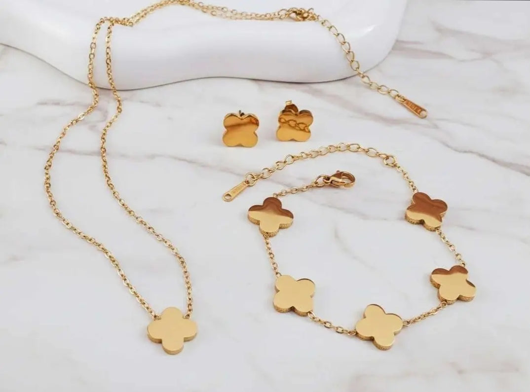 Ensemble Trèfles Doré 3 pièces - Collier, Bracelet et Boucles d'oreilles