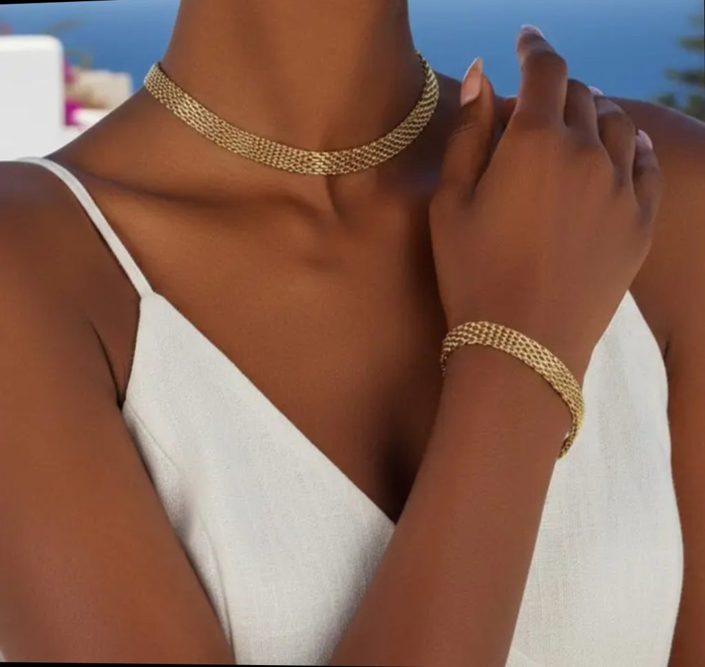 Ensemble Choker Maille Dorée - Collier+ Bracelet Acier 18K PVD