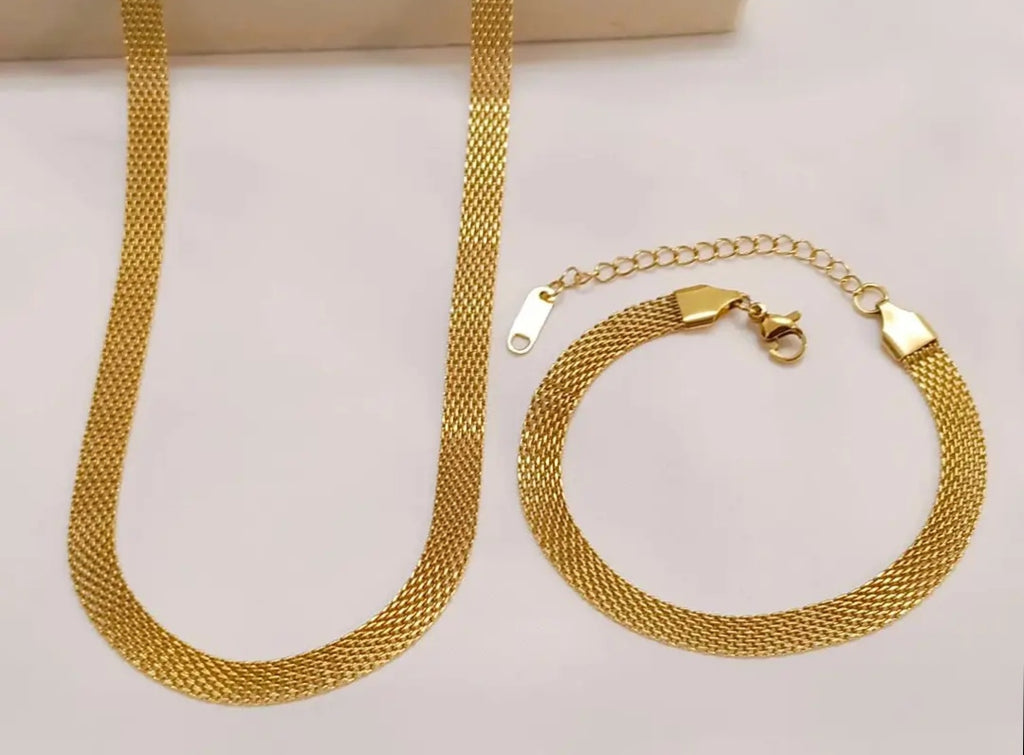 Ensemble Choker Maille Dorée - Collier+ Bracelet Acier 18K PVD